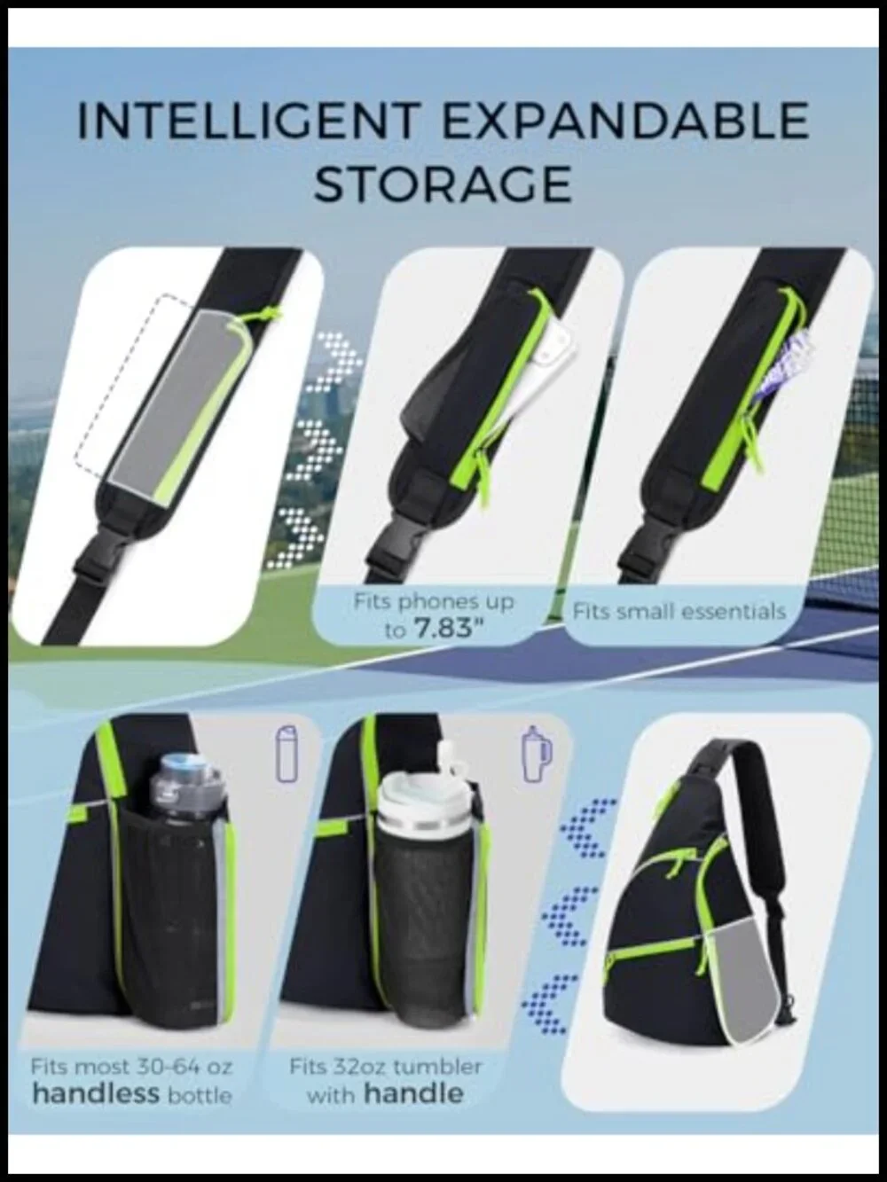 Pickleball Sling Bag with Paddle & Ball Compartments, Fence Hook,